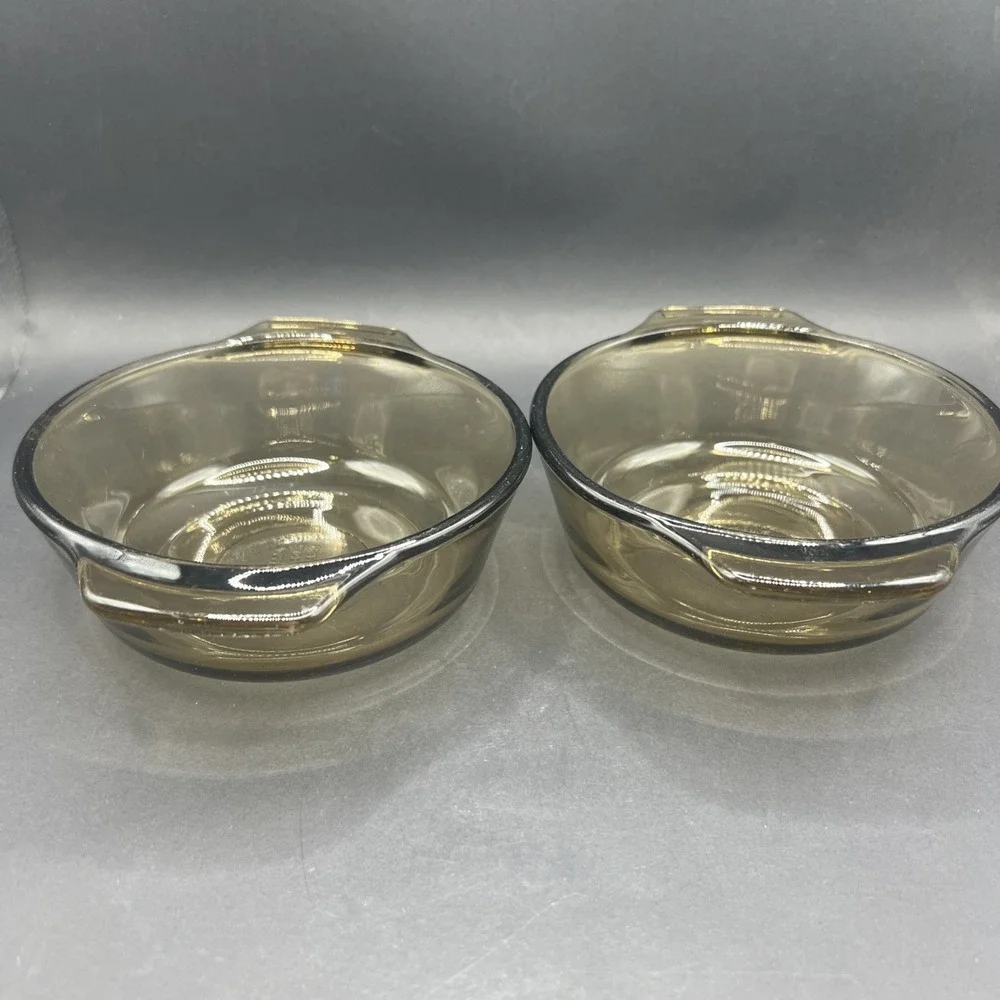 Pair of Vintage Smoked Glass Casserole Dishes 12oz Serving Bowls USA 1072